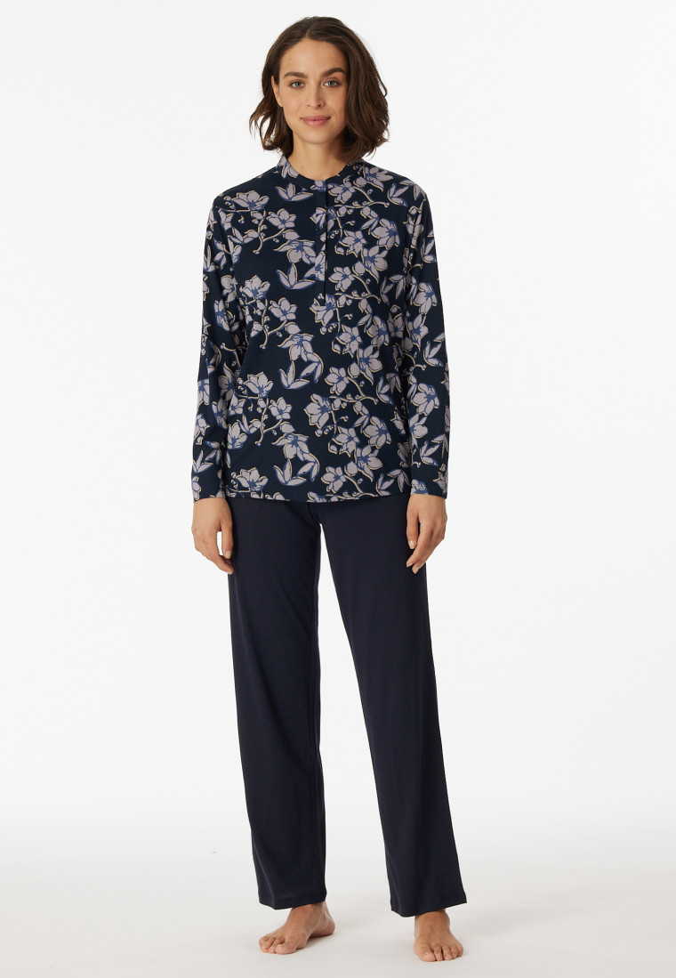 Schlafanzug lang navy Contemporary Knopfleiste SCHIESSER Cotton | Blumenprint Nightwear Organic 
