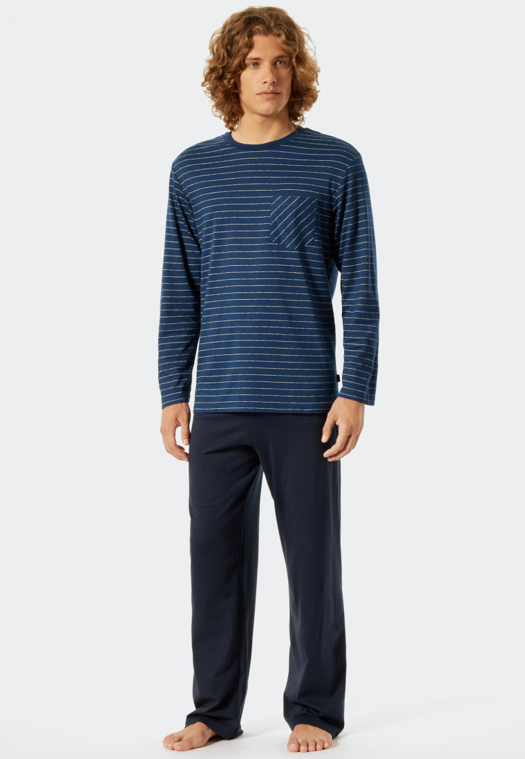 Pyjama long coton bio encolure ronde rayures bleu/bleu foncé - Fashion Nightwear