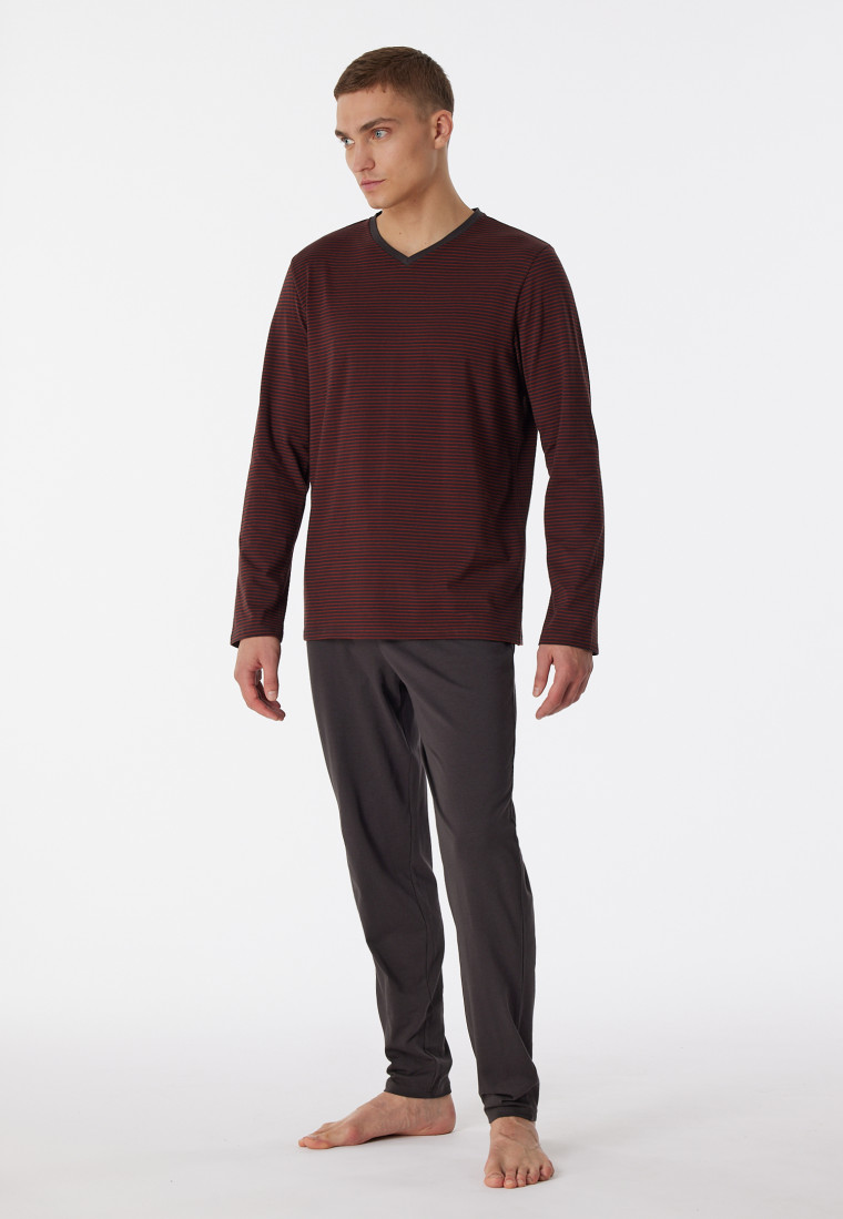 Schlafanzug | lang Organic 95/5 SCHIESSER terracotta Nightwear V-Ausschnitt - Ringel Cotton