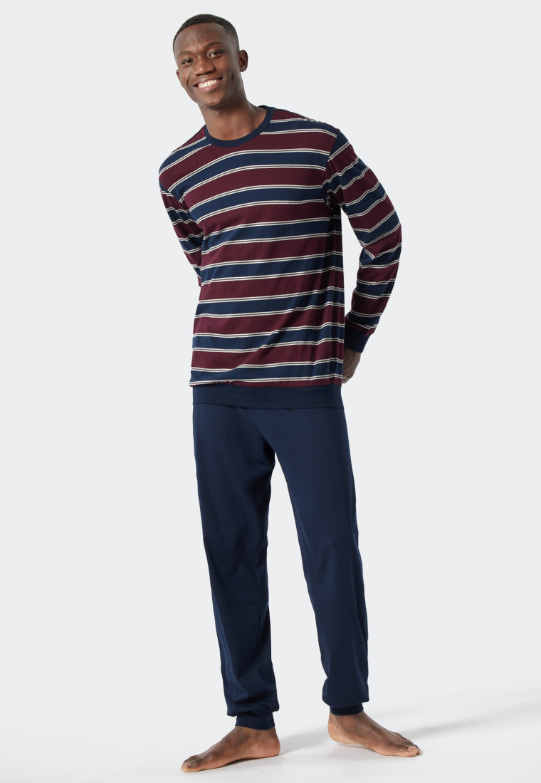 Pyjama long encolure ronde bords-côtes rayés bordeaux/bleu foncé - Comfort Fit