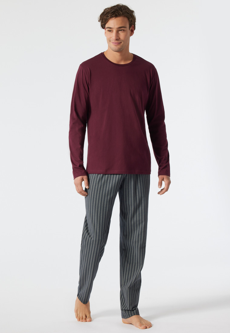 Pyjama lange ronde hals visgraatpatroon bordeaux/donkerblauw - Fashion Nightwear