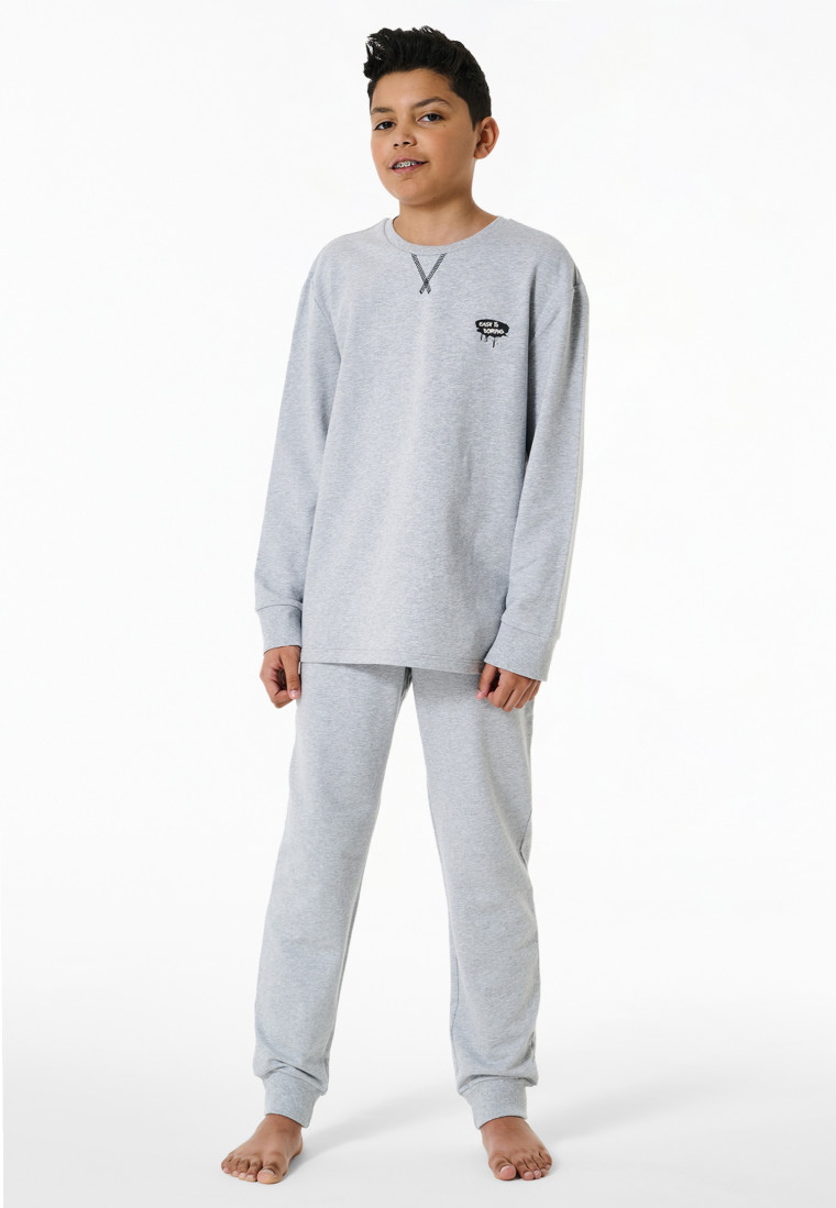 Schlafanzug lang Sweatwear Bündchen grau-meliert - Nightwear