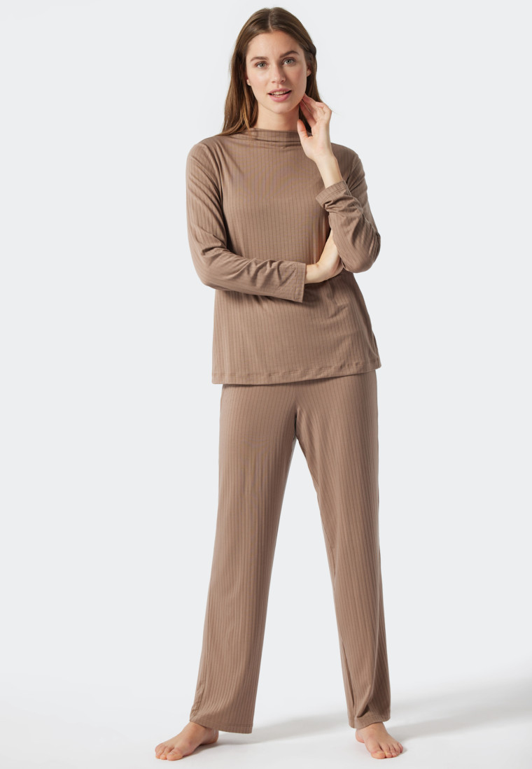 Pyjama long Tencel col cheminée marron - selected! premium