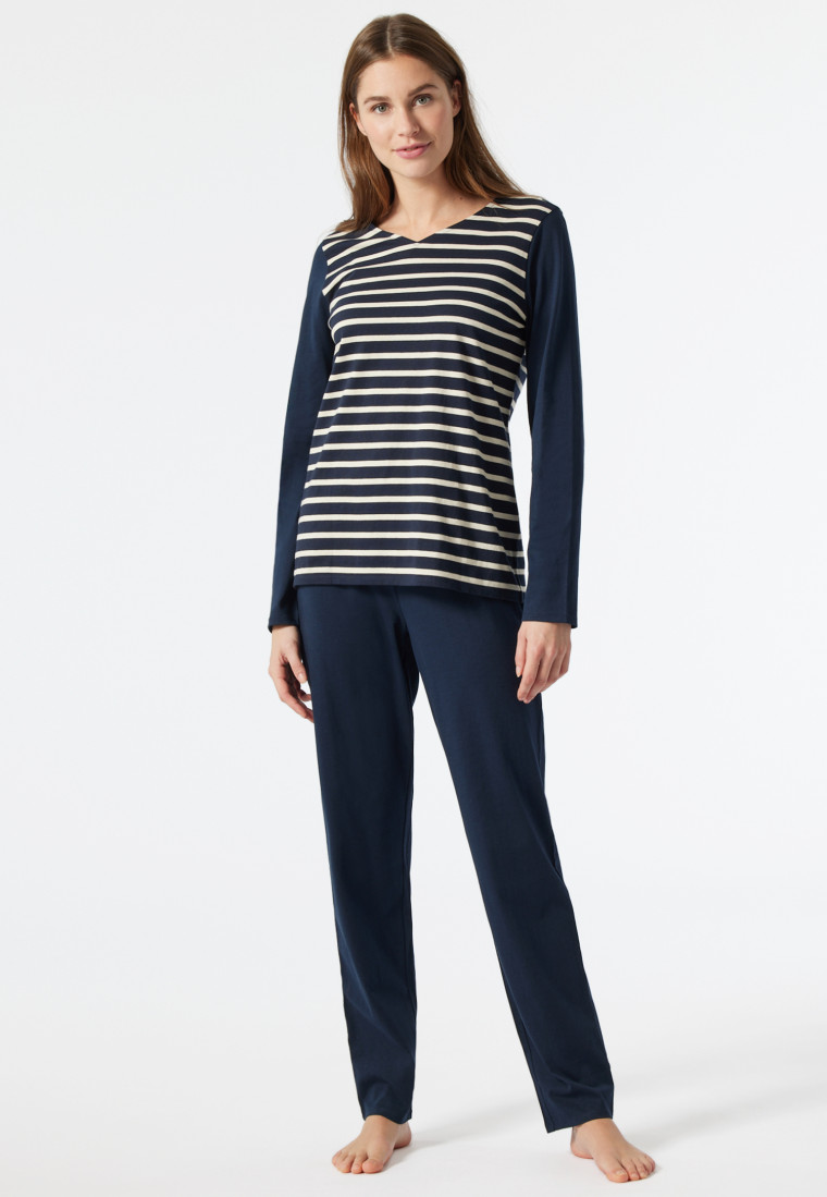 Schlafanzug lang V-Ausschnitt Bretonstreifen dunkelblau - Essential Stripes
