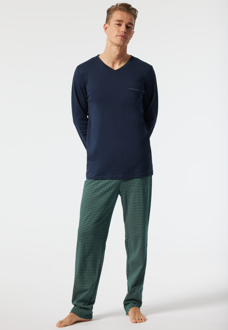 Pyjama long encolure en V à motifs bleu foncé/vert - Fine Interlock