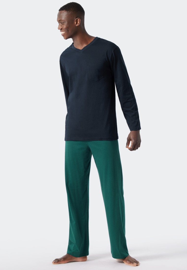 Pyjama lang V-hals patroon donkergroen/donkerblauw - Essentials Nightwear