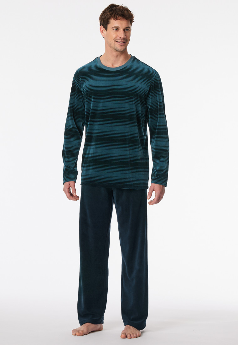 Schlafanzug lang Velour Streifen jeansblau - Casual Nightwear
