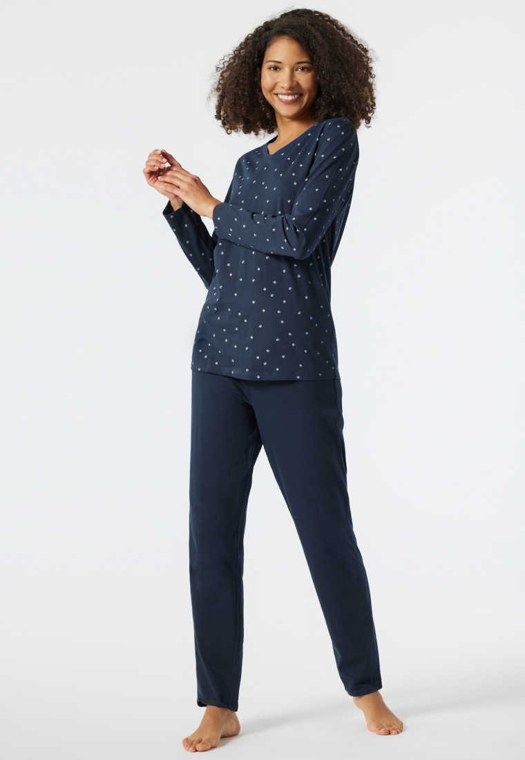 Pyjama long coupe large encolure en V imprimé minimaliste bleu foncé - Essentials Comfort Fit