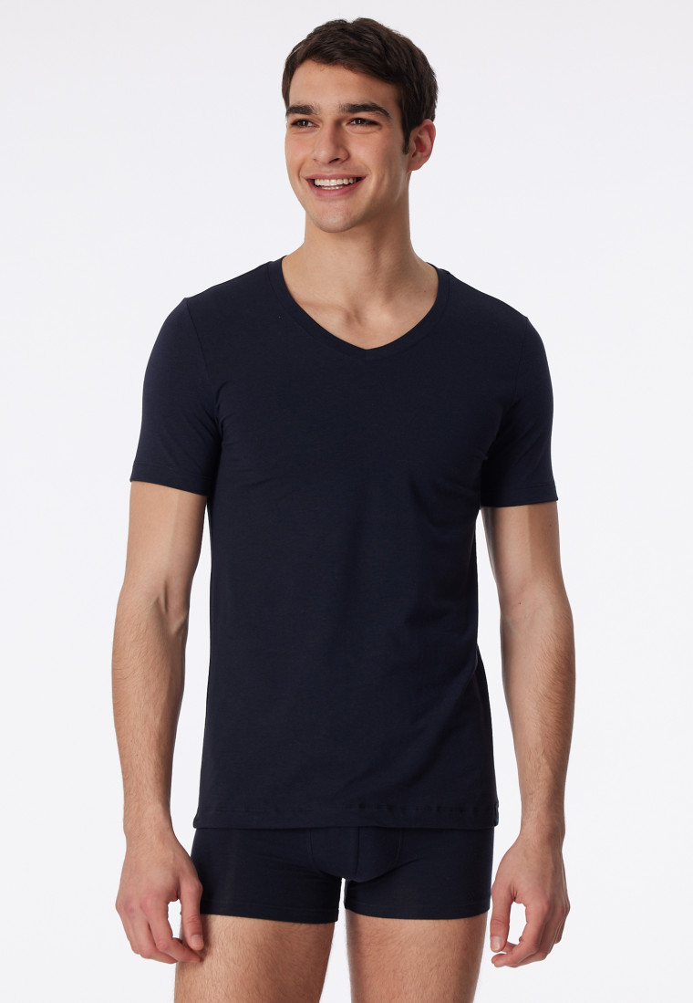 Shirt - Life Long short-sleeve jersey SCHIESSER blue-black V-neck elastic Soft |