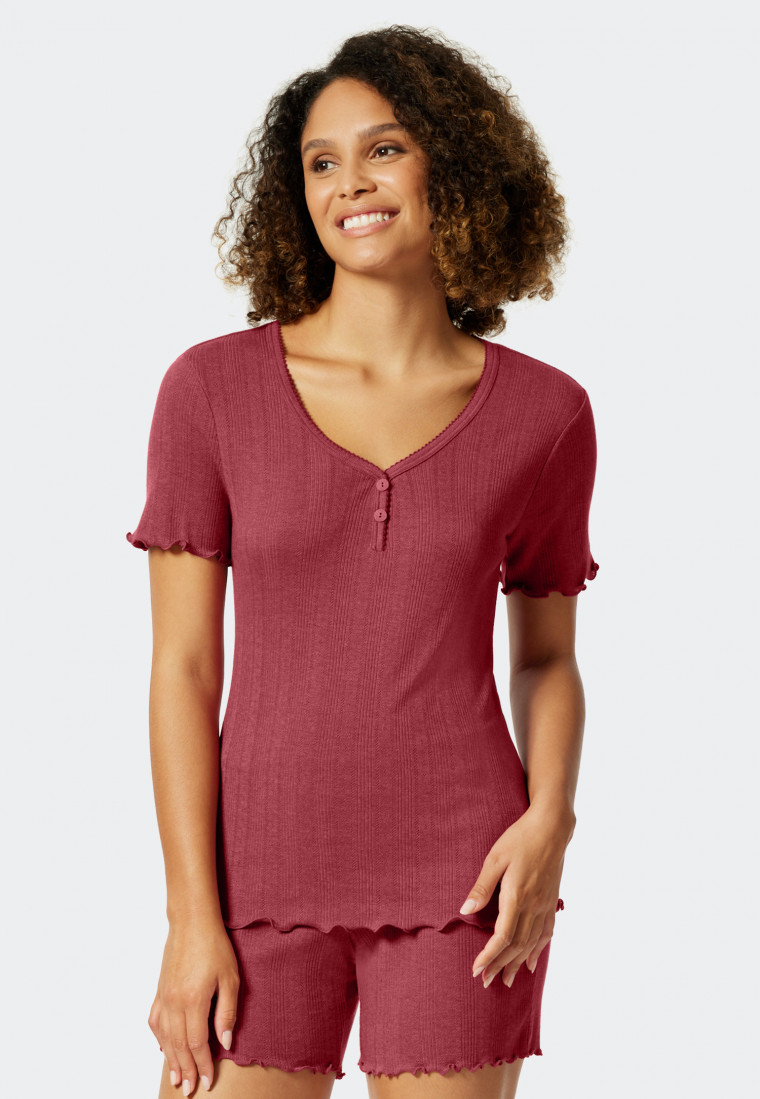 Shirt short-sleeved organic cotton openwork V-neck berry - Mix & Relax