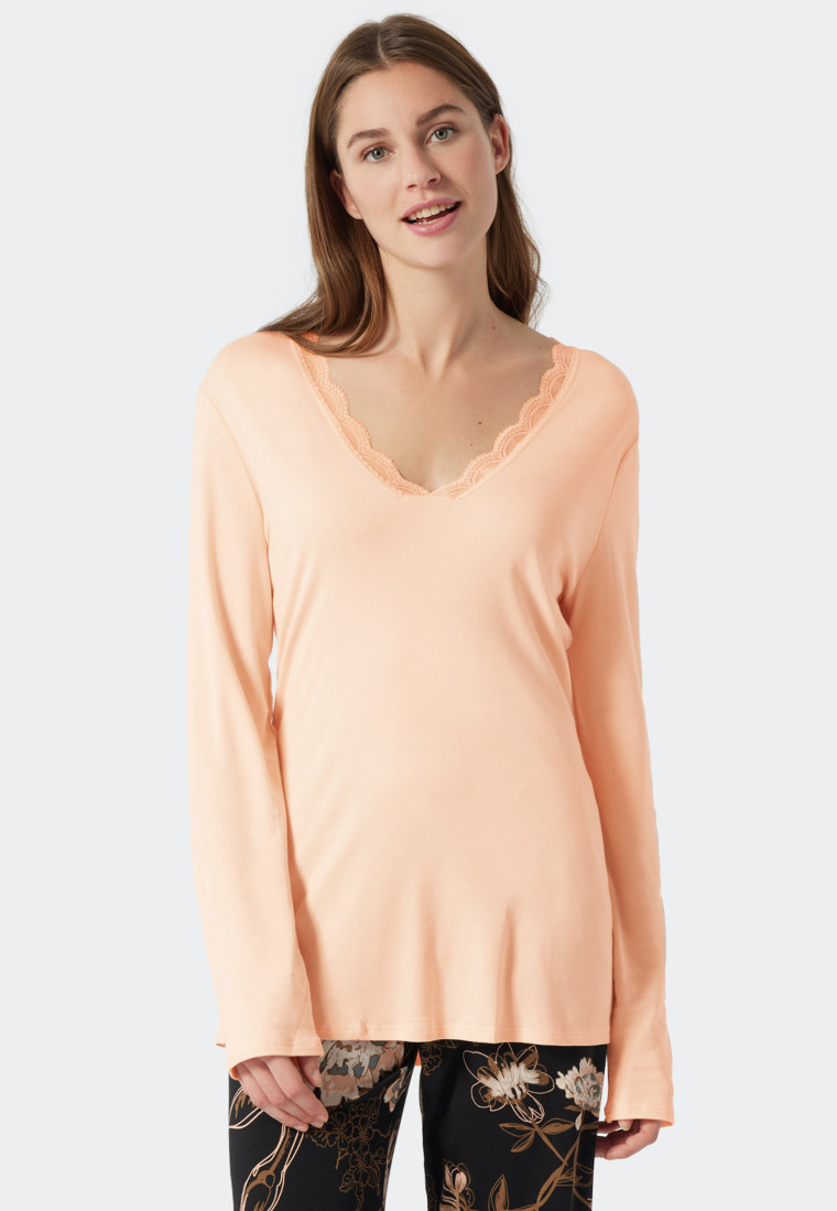 Shirt long-sleeved interlock V-neck lace apricot - Mix+Relax