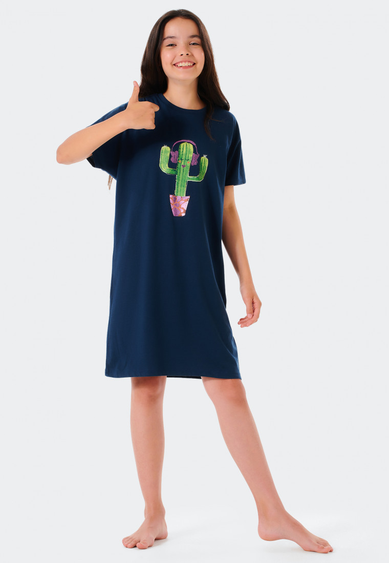 Slaapshirt korte mouwen biologisch katoen cactus donkerblauw - Prickly Love