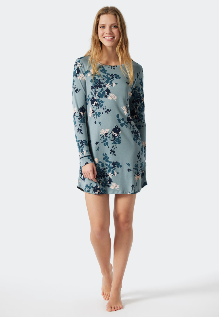 Chemise de nuit manches longues interlock imprimé fleuri gris-bleu - Contemporary Nightwear