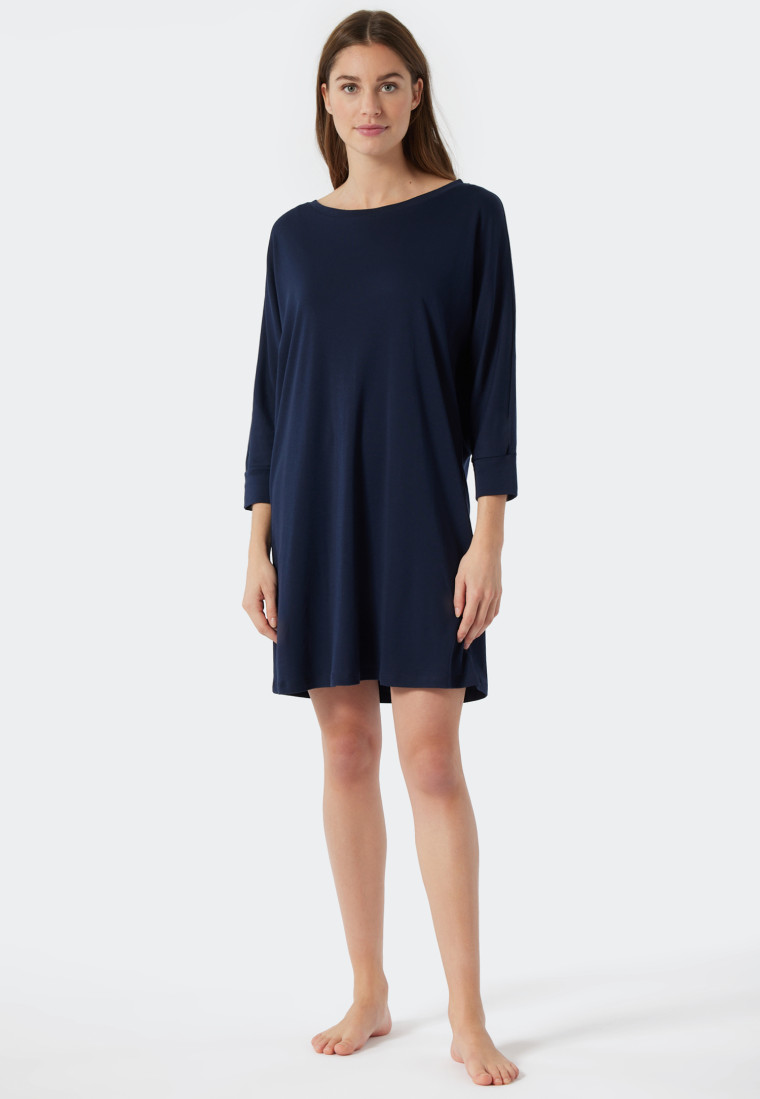 Chemise de nuit manches longues oversize bords-côtes bleu foncé - Modern Nightwear