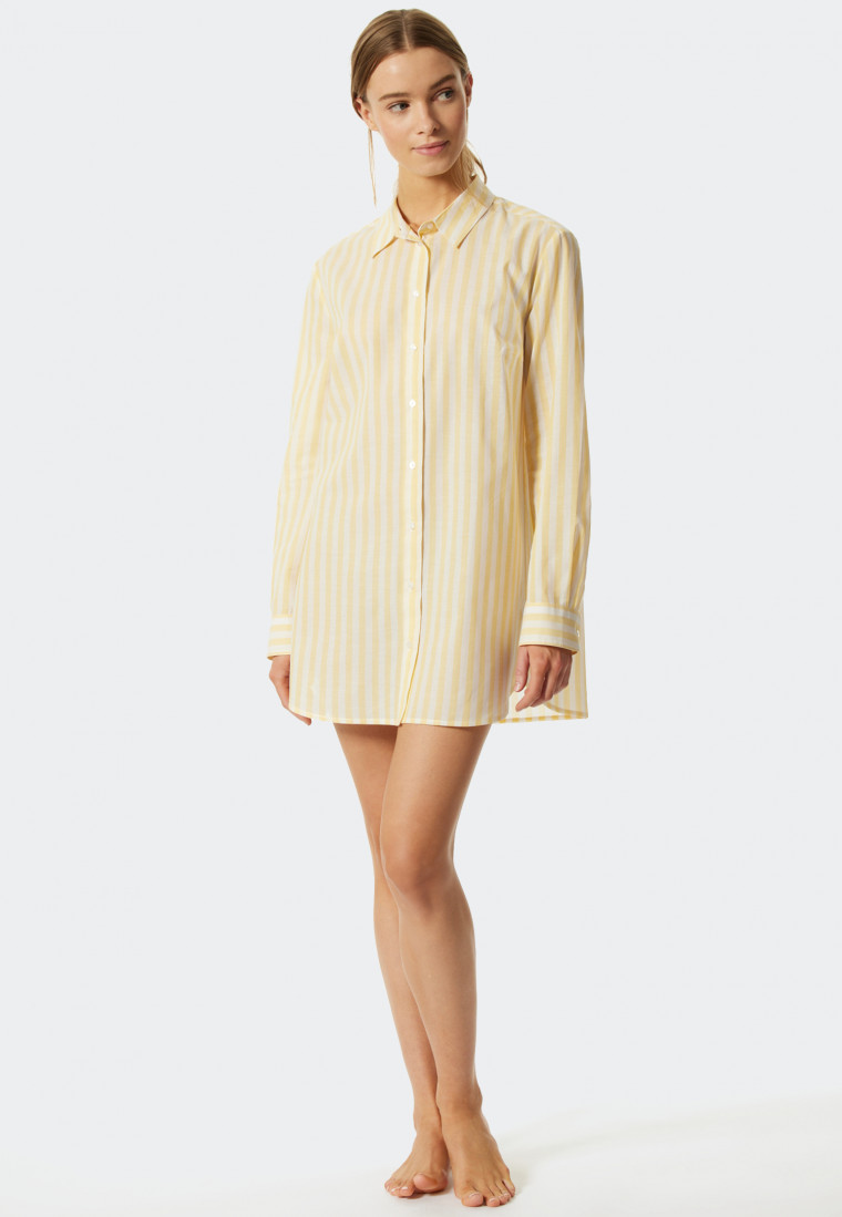 Chemise de nuit tissée manches longues patte de boutonnage rayures jaune - Pyjama Story