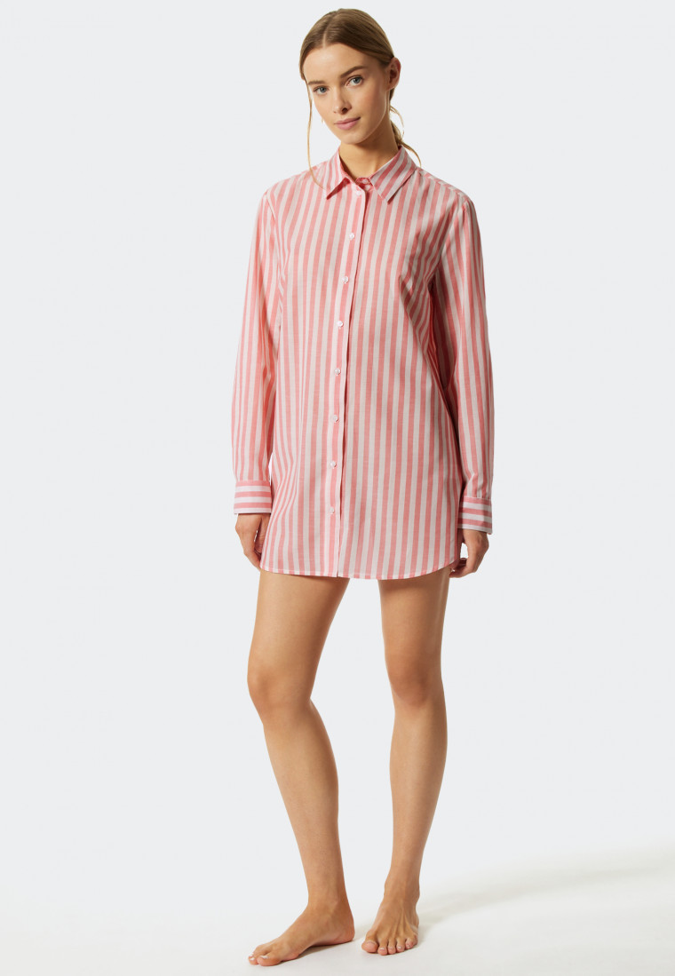 Chemise de nuit tissée manches longues patte de boutonnage rayures corail - Pyjama Story