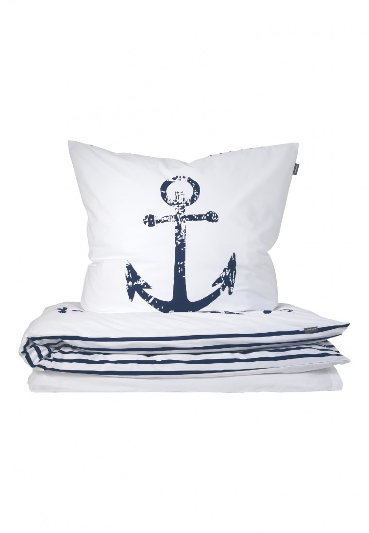 Reversible bed linen 2-piece Renforcé anchor stripes white/navy - SCHIESSER Home