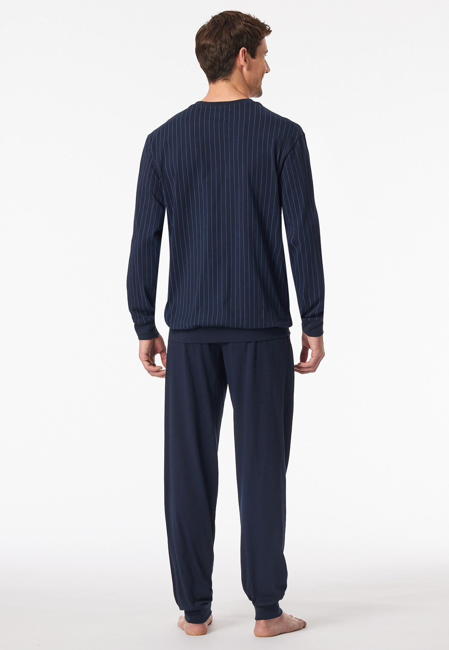 Schlafanzug lang Bündchen Streifen dunkelblau - Comfort Essentials ...