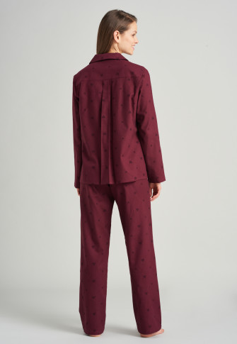 Pajamas long flannel lapel collar button placket hearts burgundy - Scence of Nostalgia