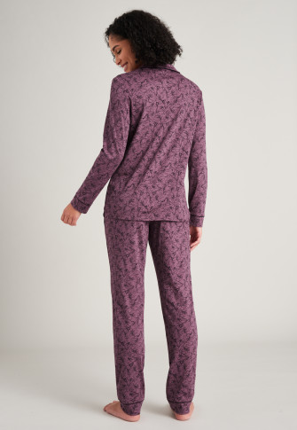 Pajamas long interlock piping shirt collar floral print mauve - Simplicity