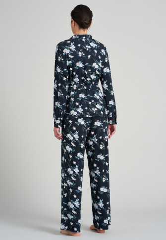 Pyjama long en modal, bords-côtes à la taille, imprimé floral, noir - Golden Harvest