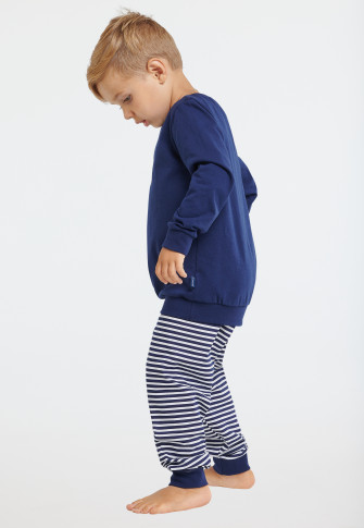 Pajamas long organic cotton cuffs stripes construction vehicle dark blue – Original Classics