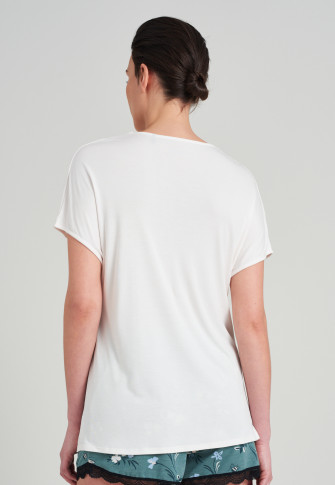T-shirt à manches courtes interlock mercerisé col V dentelle vanille - Mix + Relax