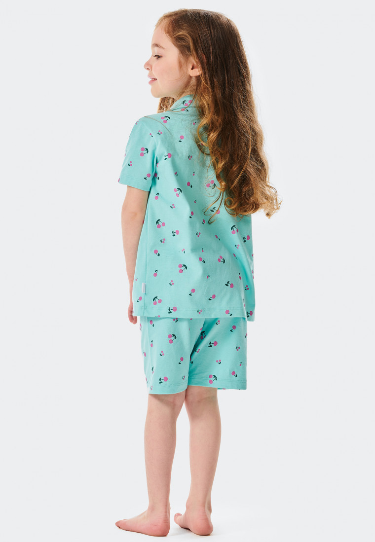 Pyjama court patte de boutonnage coton bio cerises turquoise - Chatte Zoe