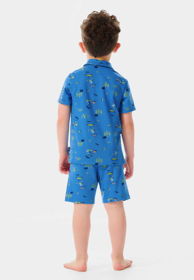 Short pajamas button placket organic cotton rat camping blue - Rat Henry