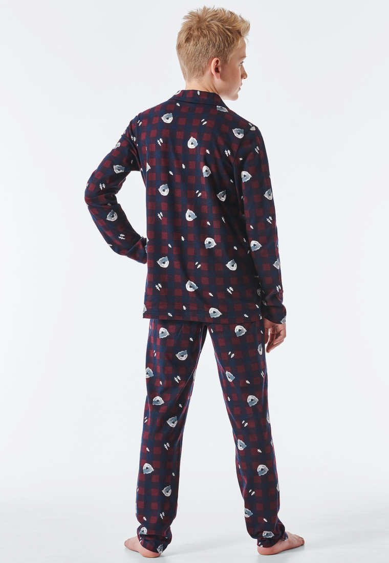 Pyjama long coton bio patte de boutonnage carreaux ours polaire bordeaux - Pajama Story