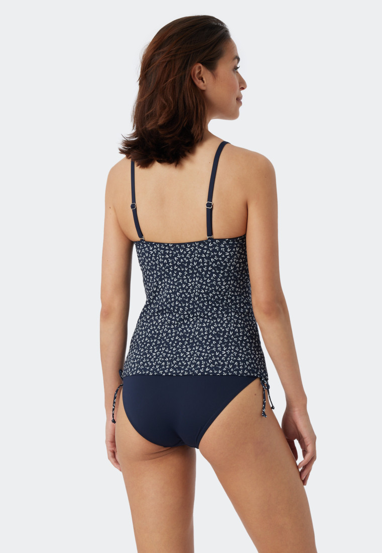 Tankini set soft cups variable straps midi bottoms adjustable sides dark blue patterned - Sea Blossom