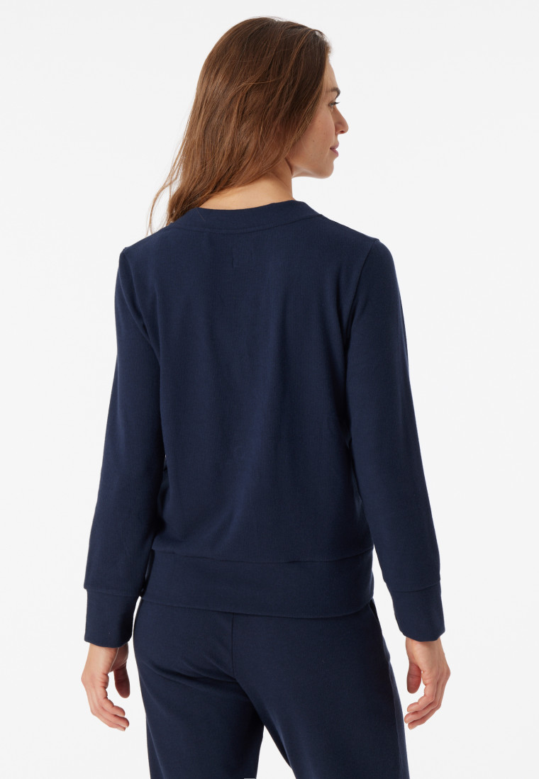 Sweatshirt long-sleeved double rib brushed V-neck midnight blue - Mix & Relax