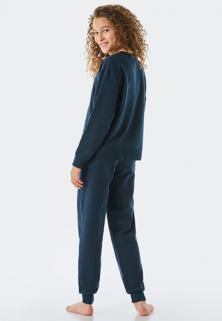 Pigiama lungo in tessuto felpato di cotone biologico con polsini e scritta Dream, blu notte - Teens Nightwear