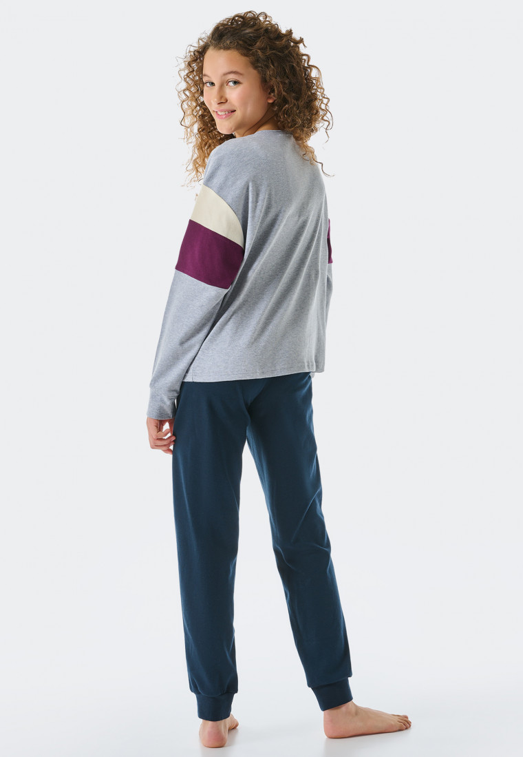 Pigiama lungo in Interlock di cotone biologico a righe con polsini, grigio screziato - Teens Nightwear