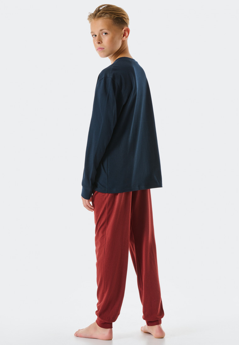 Pajamas long organic cotton cuffs stripes San Francisco midnight blue - Teens Nightwear