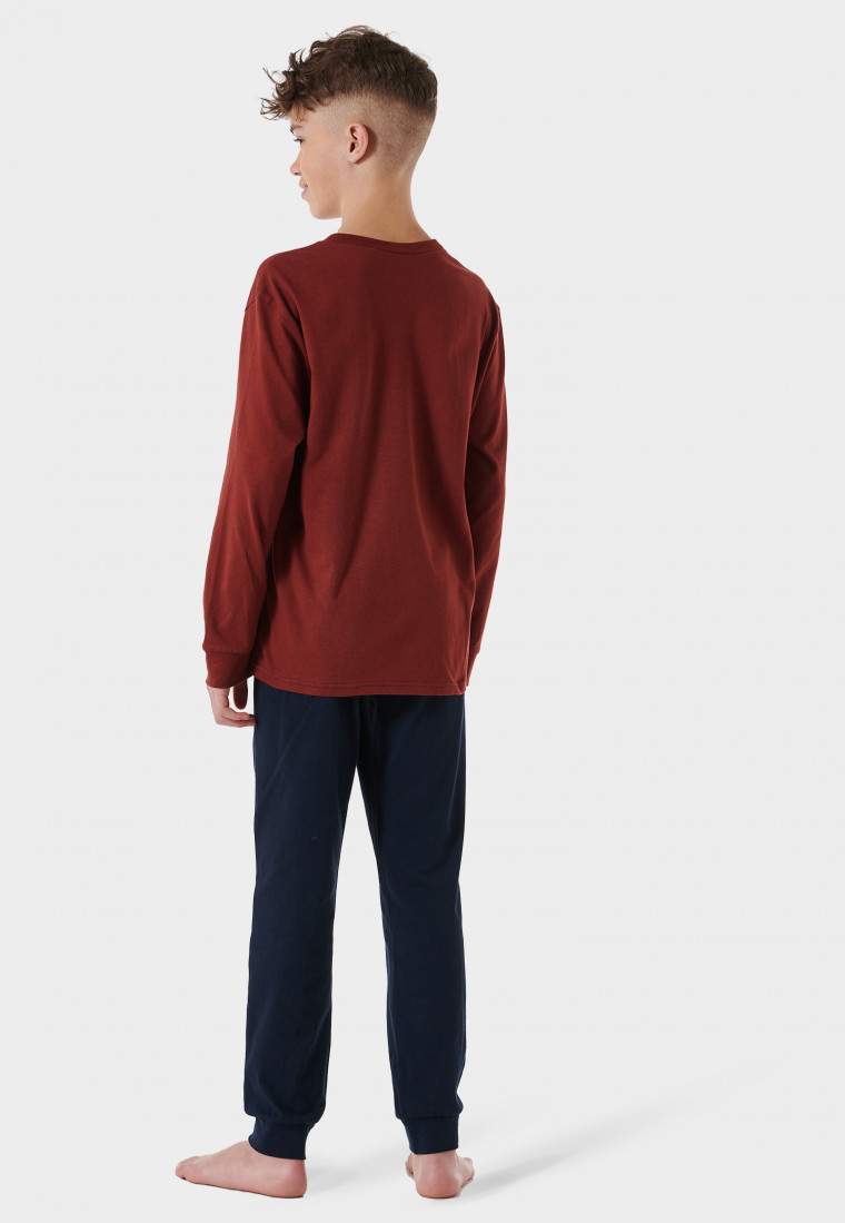 Pyjama lang biologisch katoen boorden gestreept borstzakje bruin - Teens Nightwear