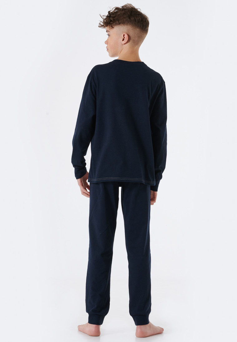 Schlafanzug lang Organic Cotton Bündchen Streifen Brusttasche blau - Teens Nightwear
