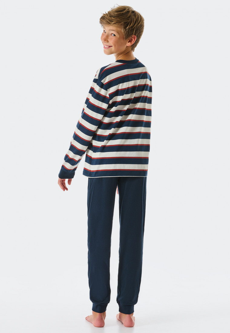 Pajamas long organic cotton stripes cuffs midnight blue - Teens Nightwear
