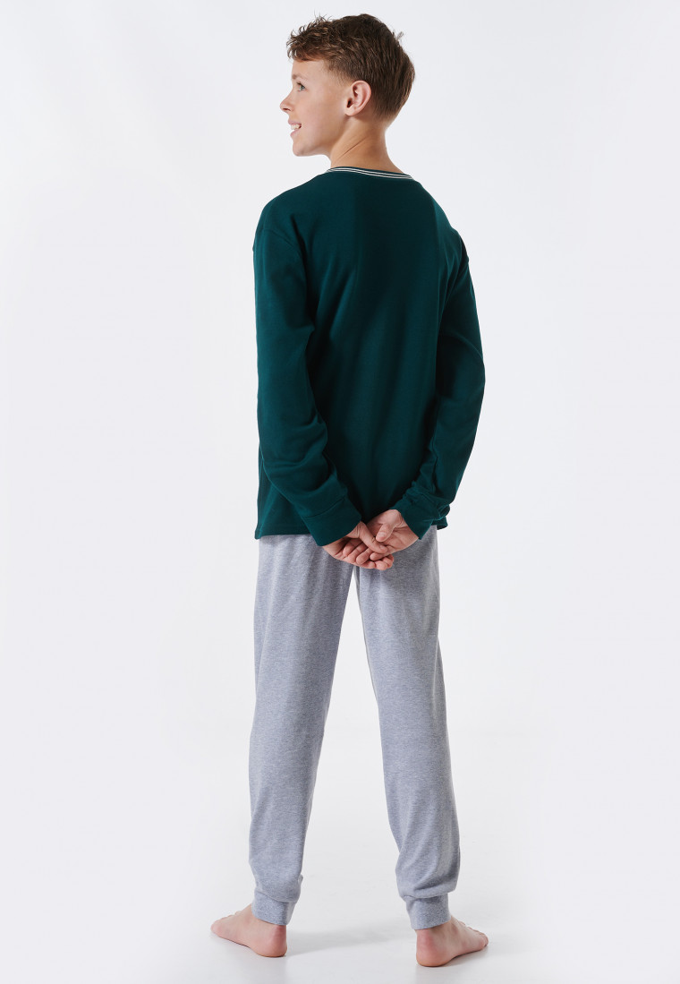 Pigiama lungo in Interlock di cotone biologico a righe con polsini e scritta relax, verde scuro - Teens Nightwear