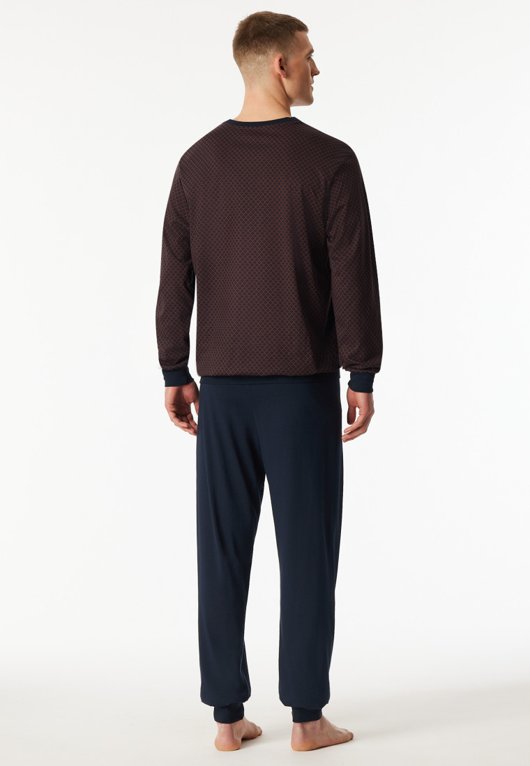 Schlafanzug lang Bündchen Brusttasche rotbraun gemustert - Comfort Essentials