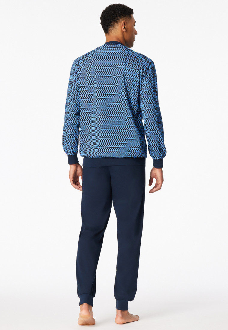 Schlafanzug lang Bündchen blau gemustert - Comfort Nightwear