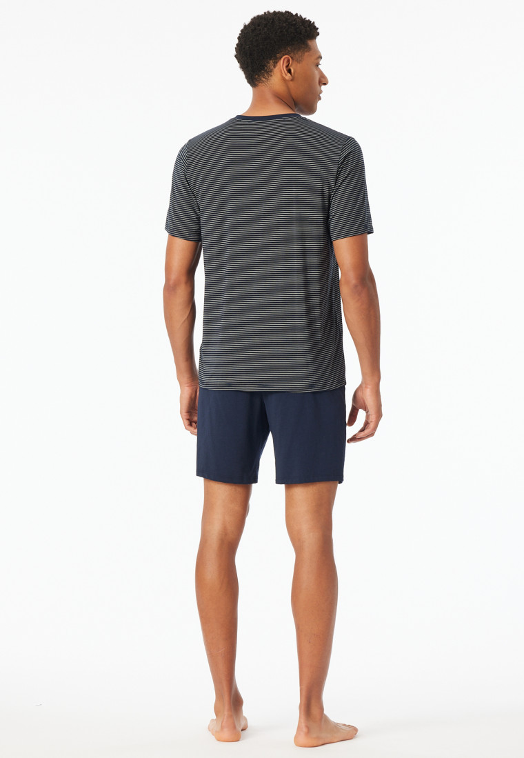 Schlafanzug kurz Modal V-Ausschnitt Streifen navy - Long Life Soft