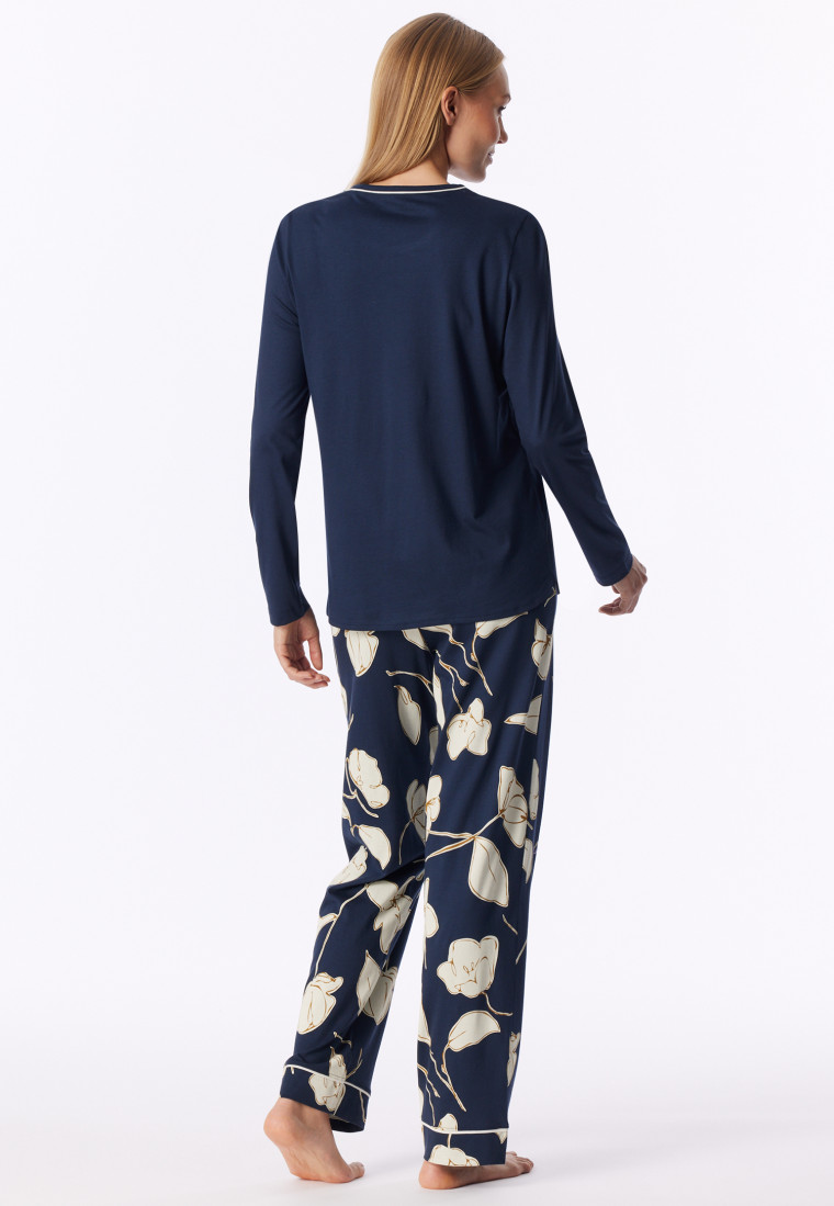 Schlafanzug lang Blumen deep sea blue - Comfort Nightwear