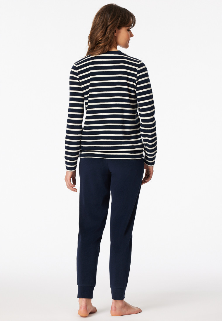 Schlafanzug lang Frottee Bündchen Ringel nachtblau - Casual Essentials