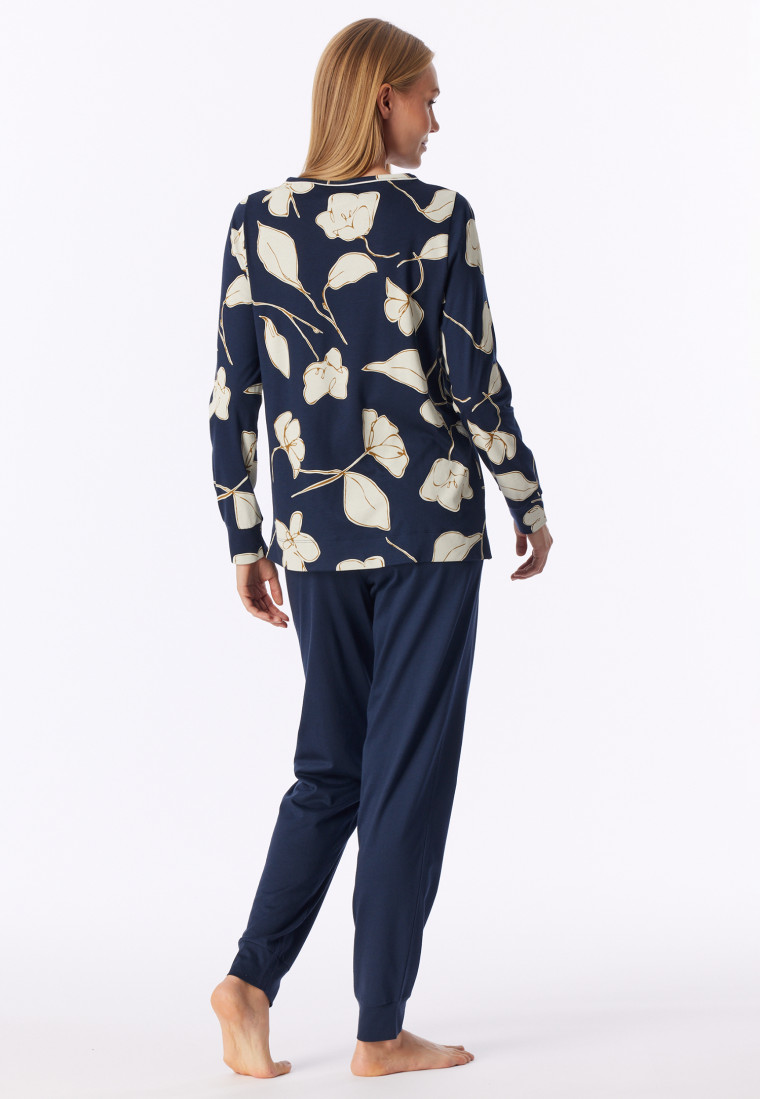 Long Pyjamas with Cuffs, Floral Print, Deep Sea Blue - Comfort Nightwear