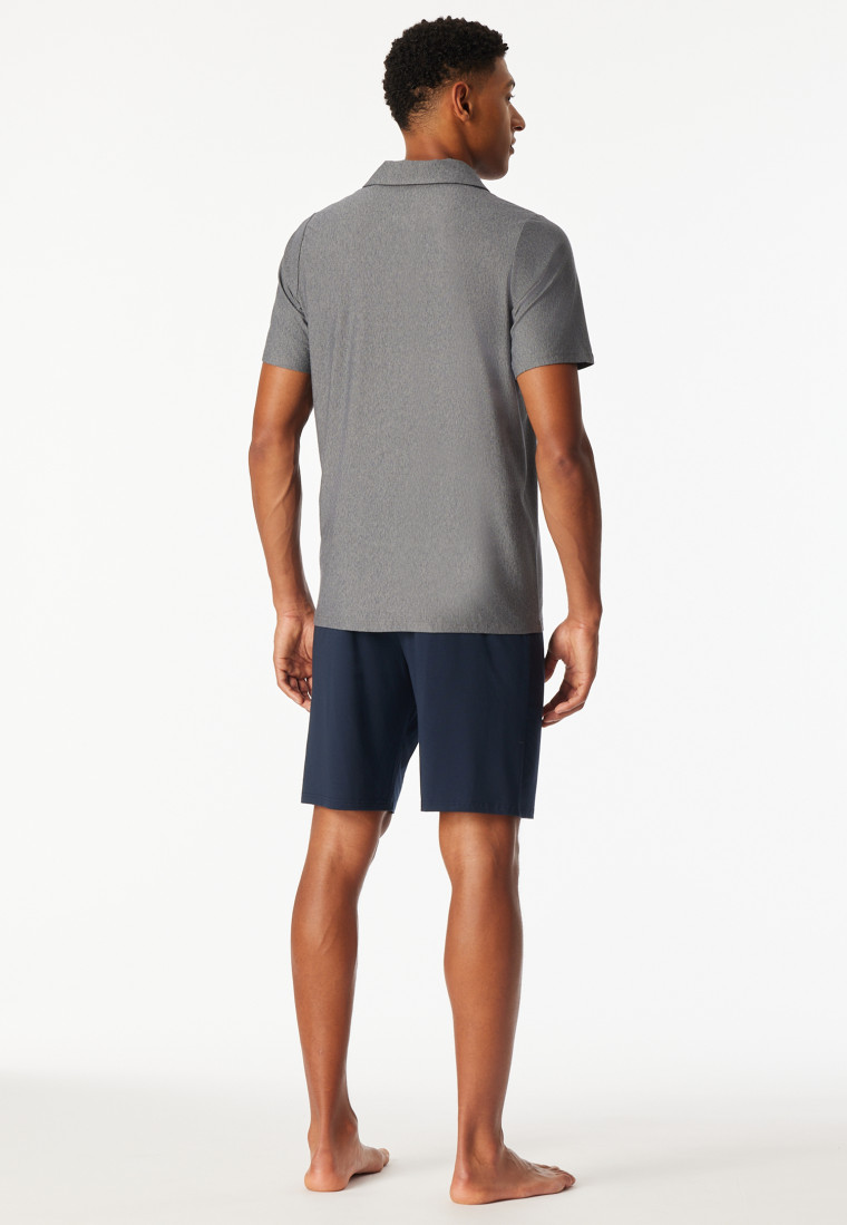 Schlafanzug kurz Streifen Hemdkragen nachtblau - Selected Premium Jacquard