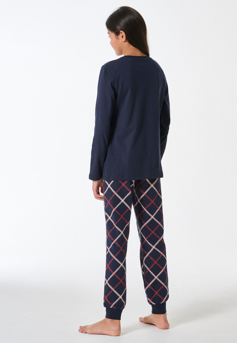 Schlafanzug lang Bündchen Karo nachtblau - Teens Nightwear