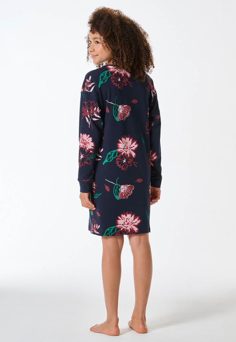 Sleep shirt long-sleeve interlock flowers midnight blue - Teens Nightwear