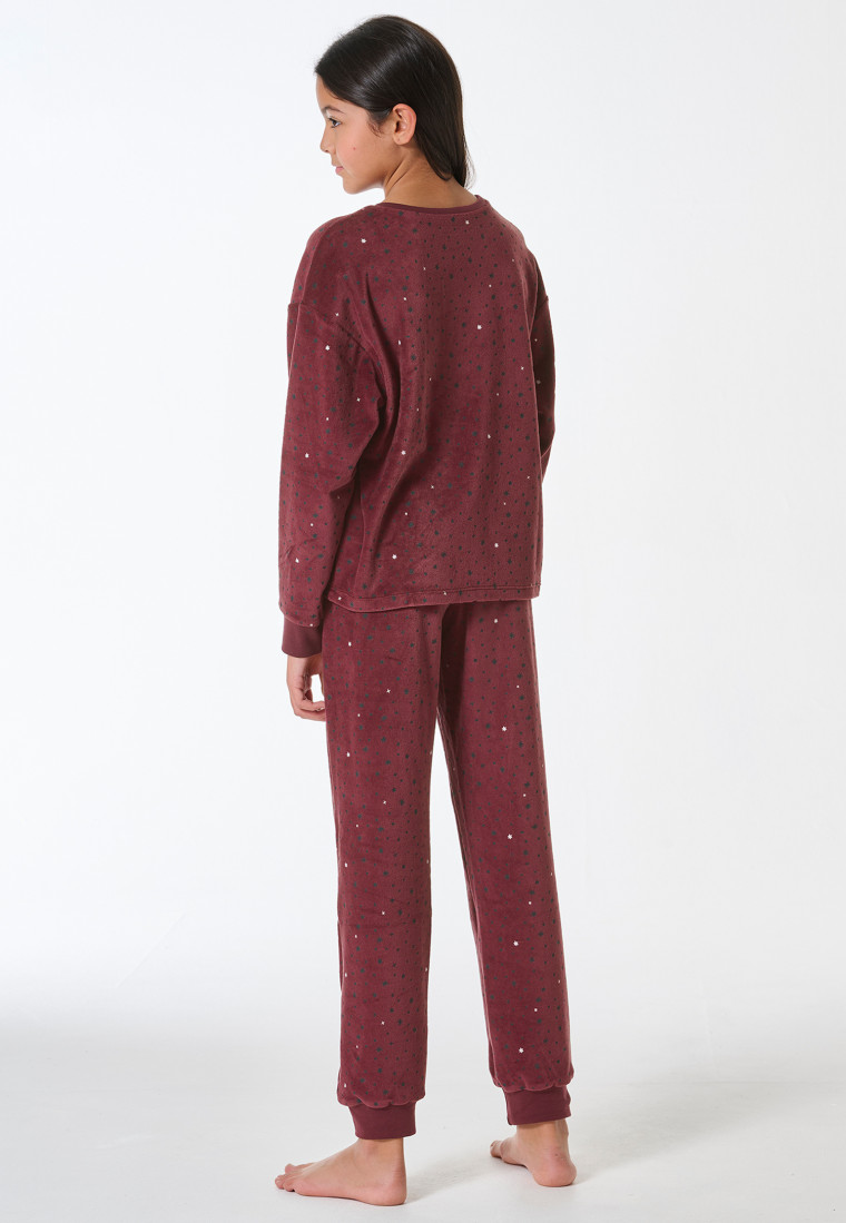 Schlafanzug lang Velour Bündchen Sterne burgund - Teens Nightwear