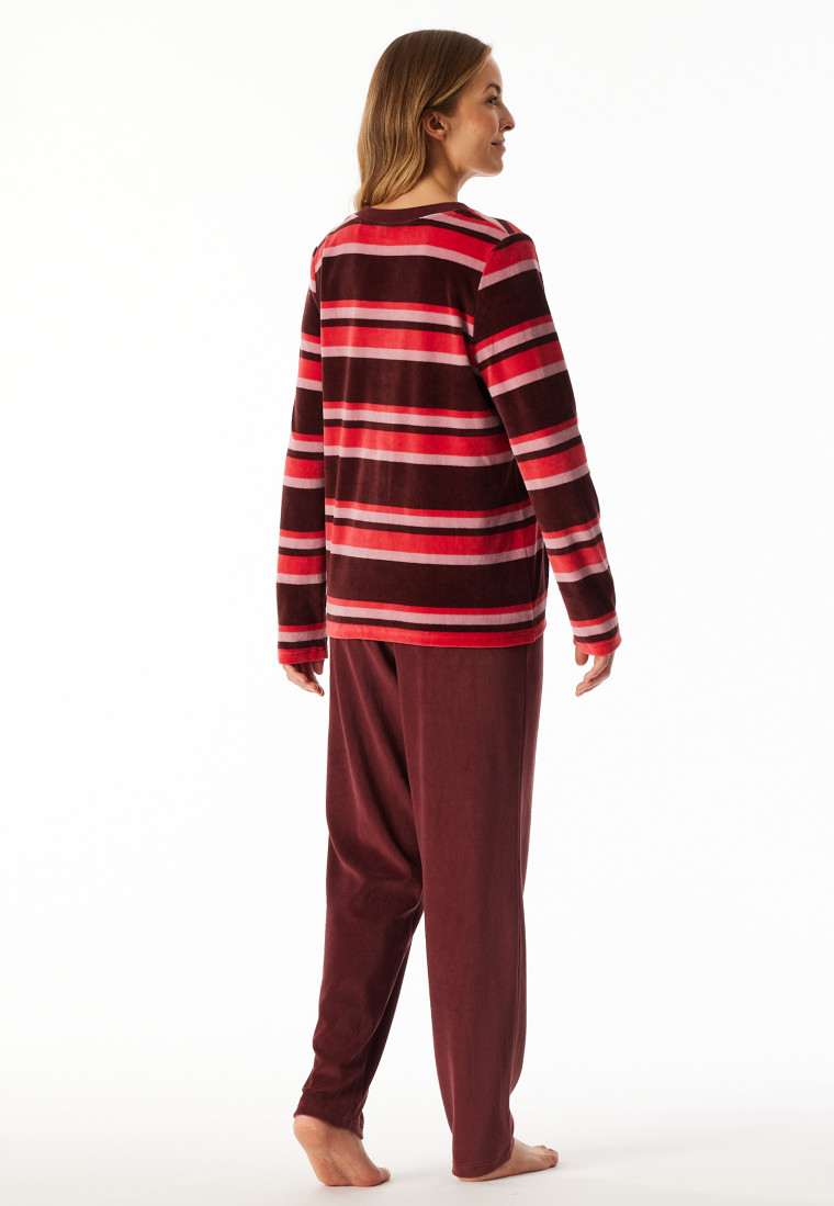 Pyjama lang velours gestreept wijnrood - Comfort Nightwear